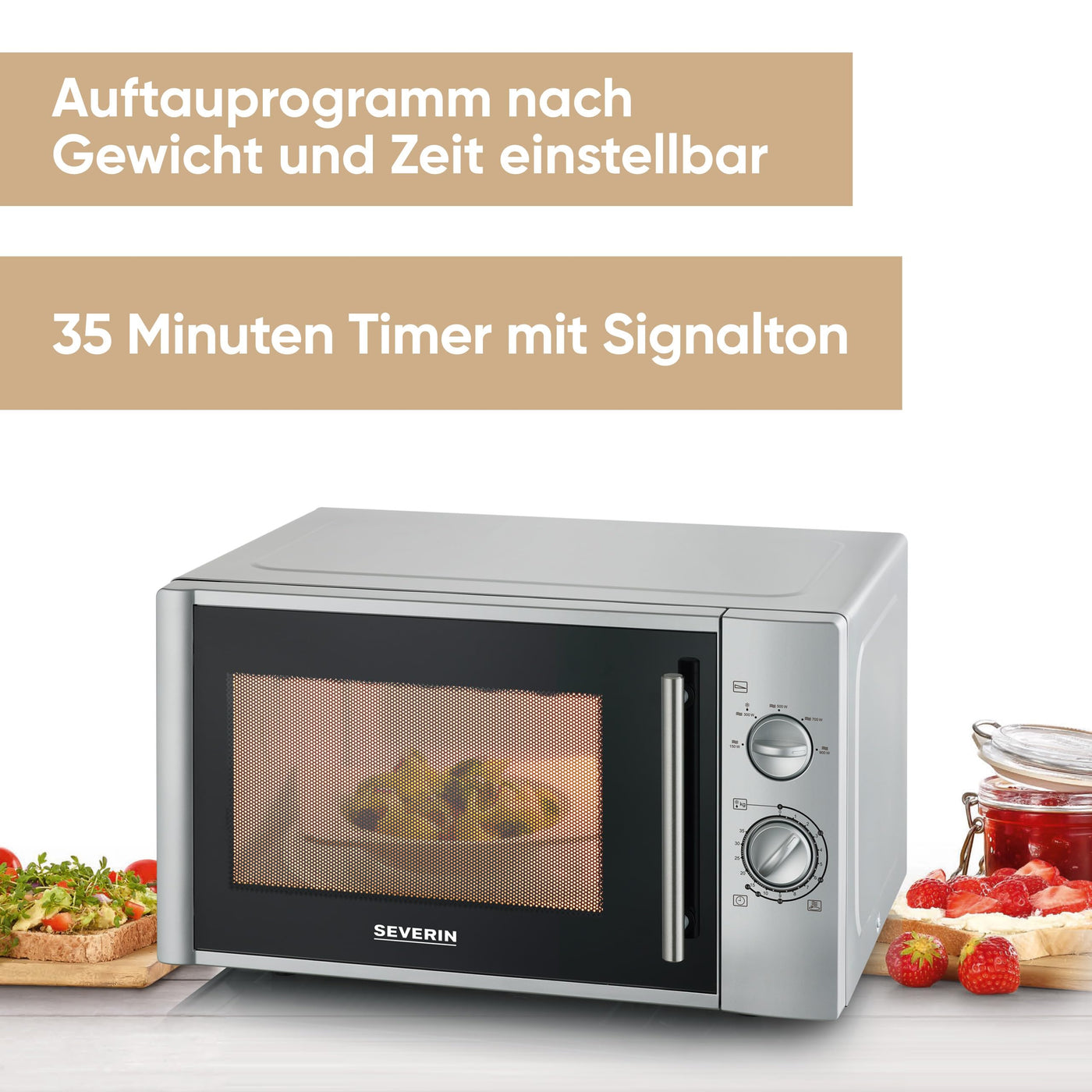 SEVERIN Mikrowelle 28L (Extra groß), Mikrowellengerät zum Auftauen und Erhitzen, Mikrowelle mit Drehteller für gleichmäßige Wärmeverteilung, 900W, Silber, MW 7772
