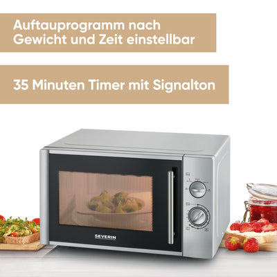 SEVERIN Mikrowelle 28L (Extra groß), Mikrowellengerät zum Auftauen und Erhitzen, Mikrowelle mit Drehteller für gleichmäßige Wärmeverteilung, 900W, Silber, MW 7772