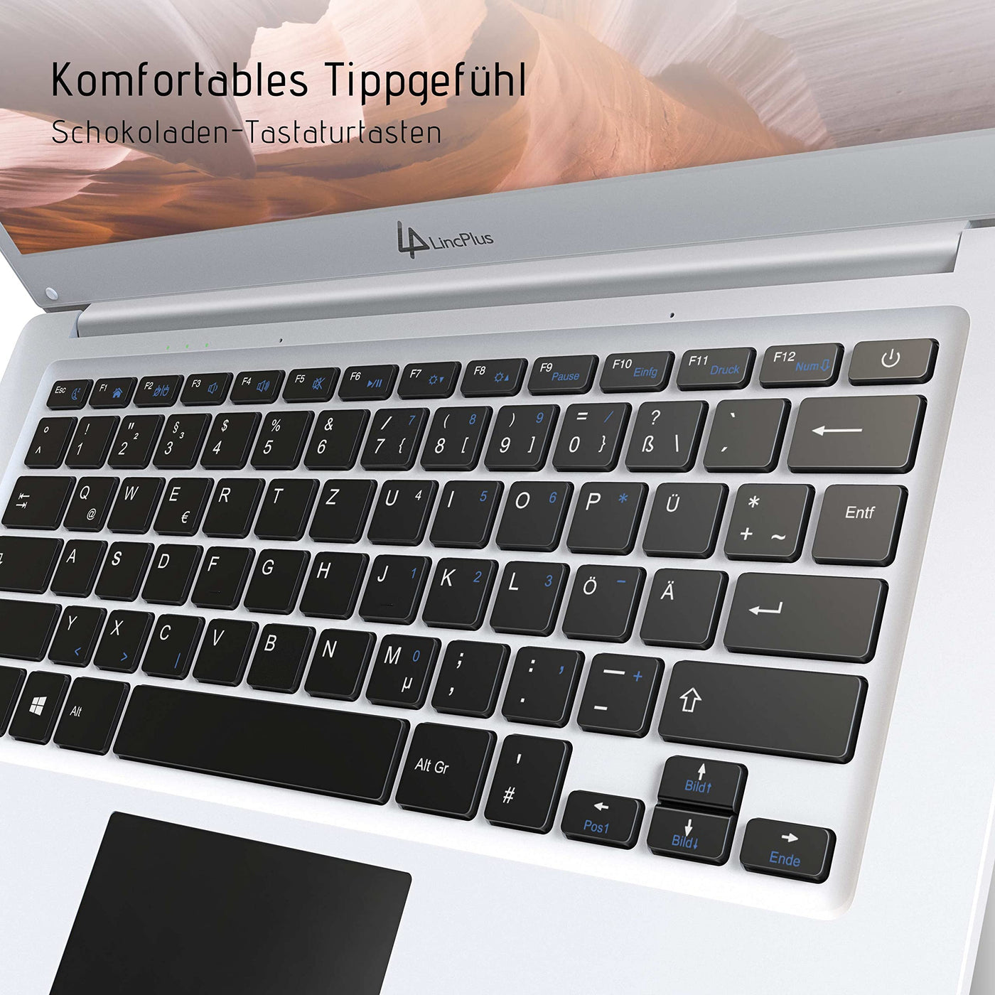 LincPlus Laptop Notebook 14 Zoll Full HD 4GB RAM + 128GB Netbook mit QWERTZ Tastaturlayout für Home/Office, Windows 10 S