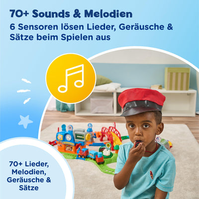 VTech TUT TUT Baby Flitzer – Bunter Bahnhof | Interaktives Spielset mit motorisiertem Zug, 2 Waggons, 70+ Melodien & Geräuschen, 19+ Schienen & 6 Spielbereichen, ab 1 Jahr