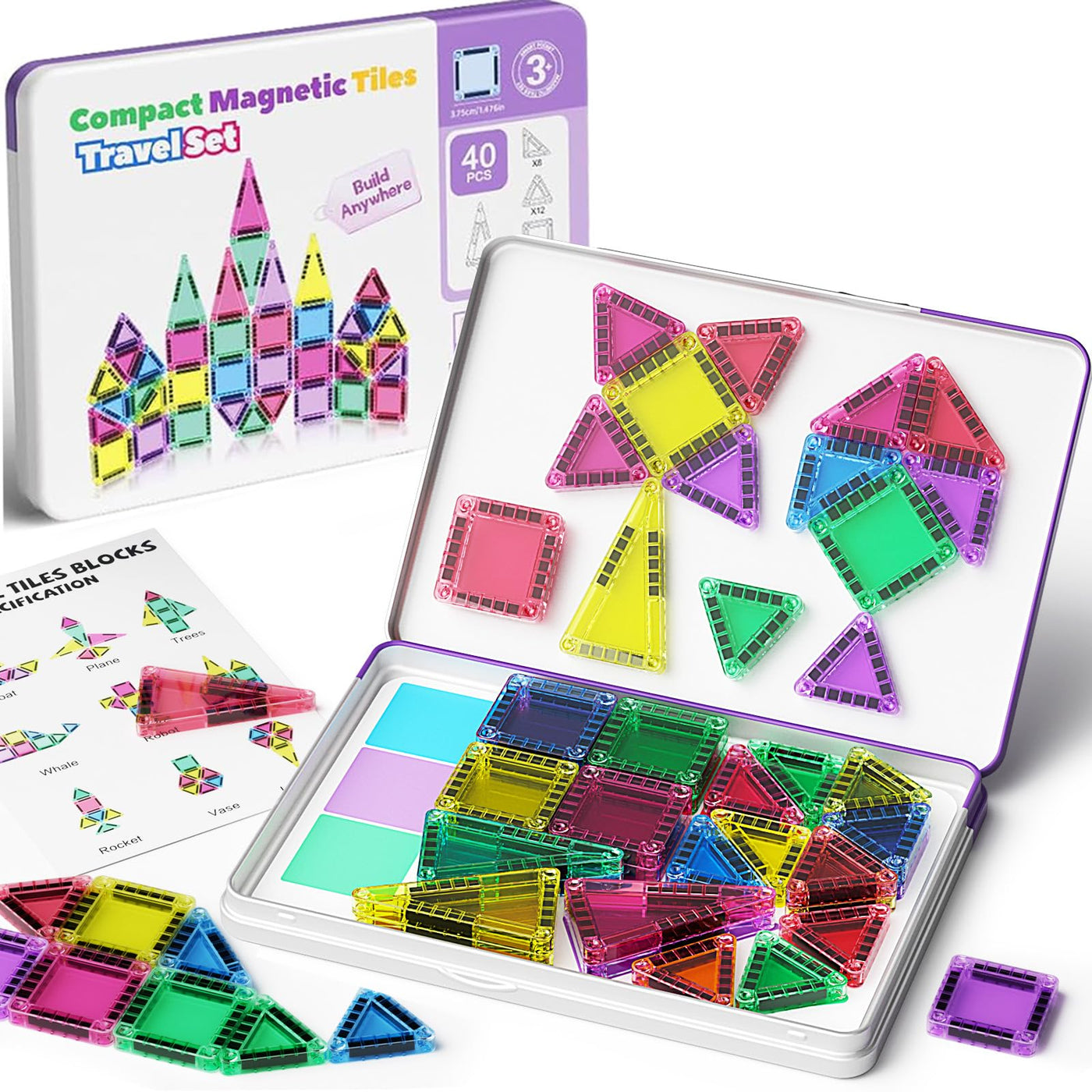 Magnetische Fliesen, 40-teilige Reise Magnetische Bausteine Set, MINI Magnet Fliesen Bauspielzeug mit Ironbox für Alter 3 + Jungen Mädchen, On-The-go Play STEM Montessori Magnetische Spielzeug