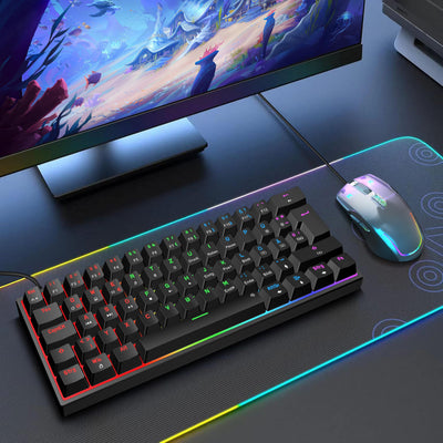 Snpurdiri 60% kabelgebundene mechanische Gaming-Tastatur, 62 Anti-Ghosting-Tasten, Blaue LED-Hintergrundbeleuchtung, ultrakompakte Zwei Stände (Rot Schalter/62 schwarz)
