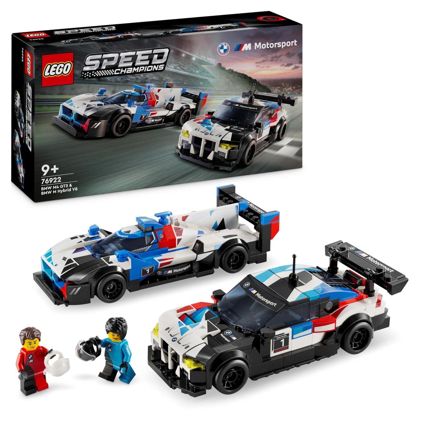 LEGO Speed Champions BMW M4 GT3 & BMW M Hybrid V8 Rennwagen Auto Spielzeug mit 2 baubaren Modellautos und 2 Rennfahrer-Minifiguren, Geschenk für Jungs, Mädchen ab 9 Jahren, Modellauto 76922