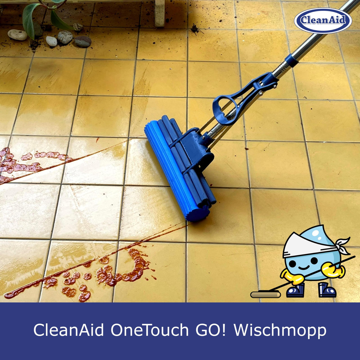 CleanAid OneTouch GO! Wischmopp, Bodenwischer, Wringmopp, Wischer mit Auswringfunktion - besonders saugstark - mit PVA Schwamm und Segmentstiel aus Edelstahl