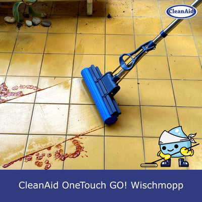 CleanAid OneTouch GO! Wischmopp, Bodenwischer, Wringmopp, Wischer mit Auswringfunktion - besonders saugstark - mit PVA Schwamm und Segmentstiel aus Edelstahl