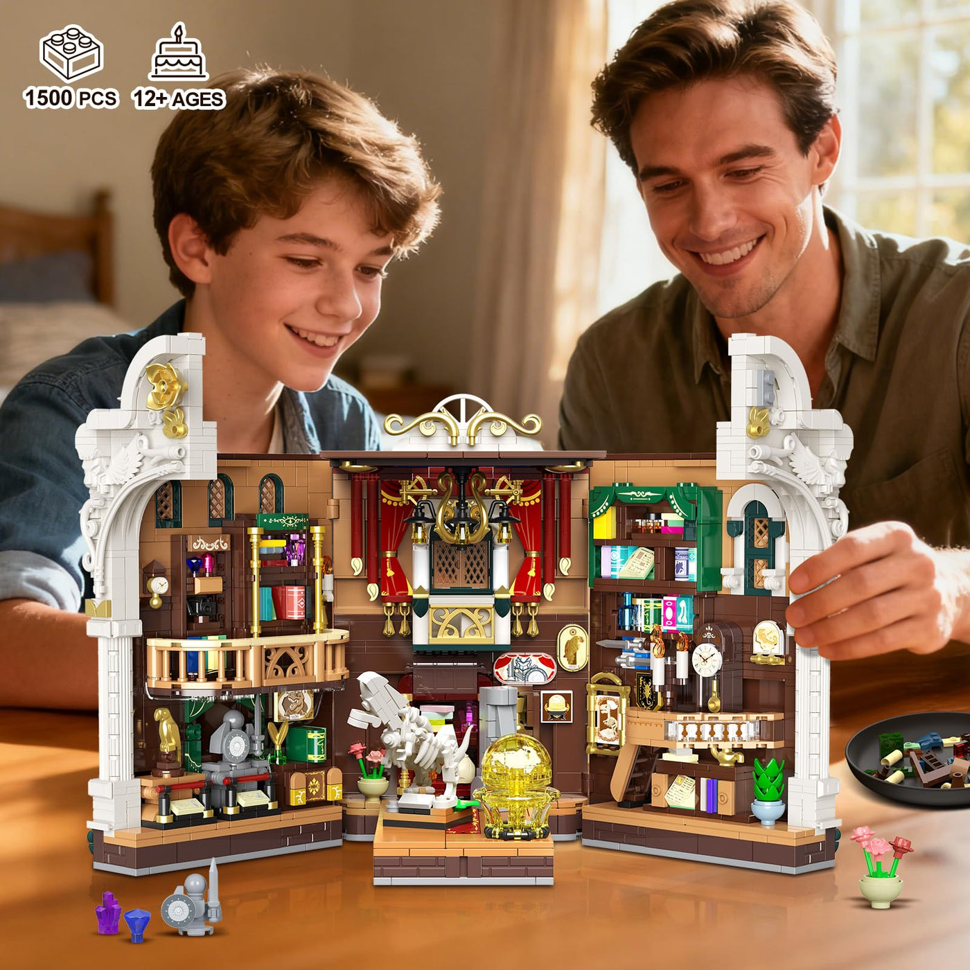 INSOON Dinosauriermuseum Book Nook Bauspielzeugset mit Licht, DIY Booknook Klemmbausteine Baustein Set Haus Dekor, 1500 Stück Miniatur Haus Bauset Geschenk für Erwachsene Kinder Mädchen Jungen 12+