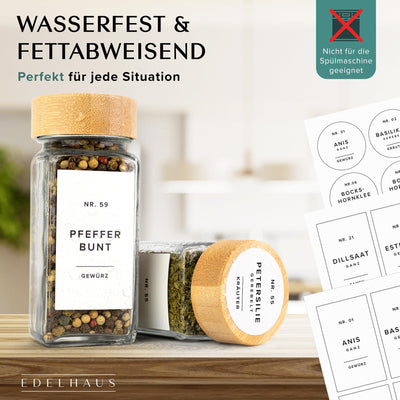 EDELHAUS Gewürzgläser Eckig Set mit Holzdeckel (24 x 120ml) Gewürzstreuer mit Streueinsatz und 240 Etiketten Weiß - Bambusdeckel Gewürzbehälter, Gewürzdosen, Gewürze organizer [10,7cm x 4,5cm]