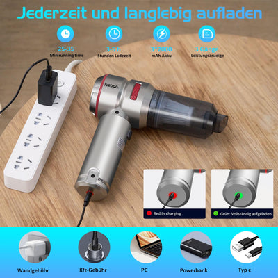 Akku Handstaubsauger Mini Staubsauger Auto: USB Handheld Vacuum Cleaner 16000Pa Power - 6000mAh Akkusauger mit 3 HEPA Filter - Kabellos Handsauger Akkustaubsauger für Matratzen Car Tierhaare Haustiere