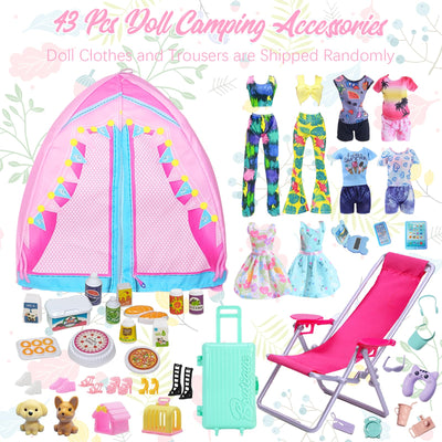 43 Kleidung Camping Sets Kompatibel mit Barbie 11.5inch Puppe, 1 Zelt 1 Liegestuhl 4 Oberteile 4 Hosen 1 Rock 1 Fernglas 1 Reisegepäck 24 Zubehör 6 Schuhe für 11,5 Zoll Puppe Mädchen Geschenk Zufällig