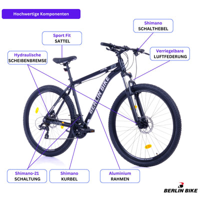 BERLIN BIKE Mountainbike MTB1 – mit komplettem Shimano Set - 21 Gang Shimano FD-TZ500/RD-TY300D, Dacron Hydraulische Scheibenbremsen (Schwarz-Silber, 27,5 Zoll und 51 cm Rahmenhöhe)