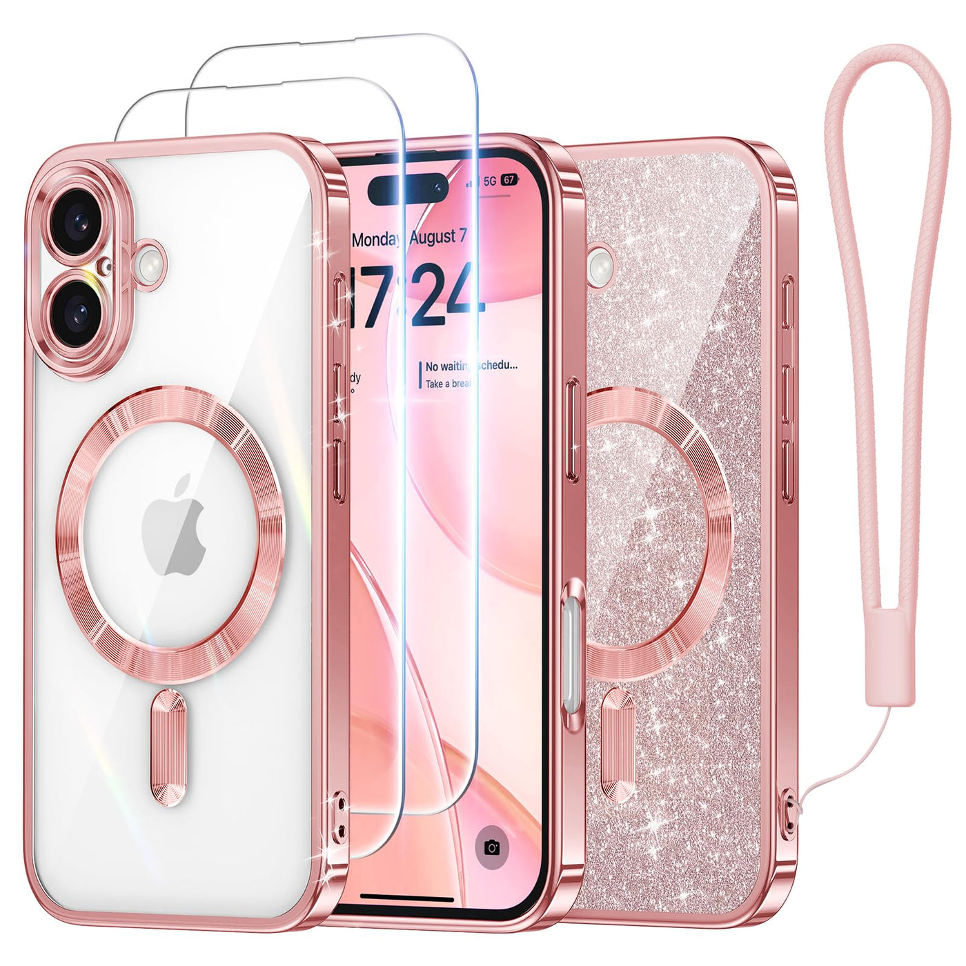 Meifigno Hülle Entwickelt für iPhone 16 Plus, [Kompatibel mit MagSafe][2 Displayschutzfolien] [Glitzerkarte & Handschlaufe] Vollständiger Kameraschutz Entwickelt für 6.7 Zoll Handyhülle, Roségold