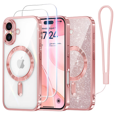 Meifigno Hülle Entwickelt für iPhone 16 Plus, [Kompatibel mit MagSafe][2 Displayschutzfolien] [Glitzerkarte & Handschlaufe] Vollständiger Kameraschutz Entwickelt für 6.7 Zoll Handyhülle, Roségold