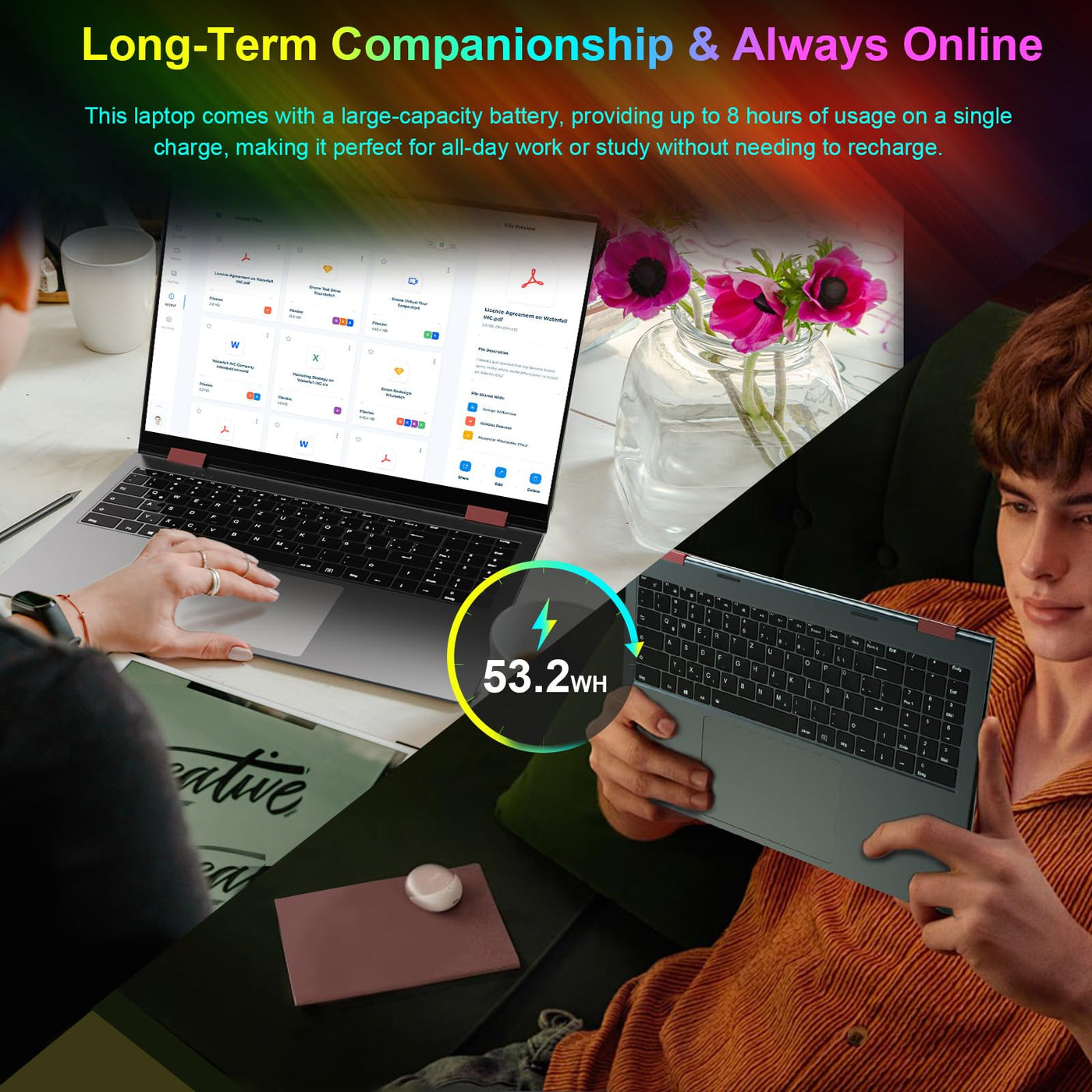 jumper Regenbogen Laptop 16 Zoll, 2 in 1 Convertible Pride Laptops, 16GB DDR4 640GB ROM Notebook, 1 Jahr Office 365, Fingerabdruckleser, QWERTZ Tastatur mit Hintergrundbeleuchtung, WiFi 6, 53.2WH