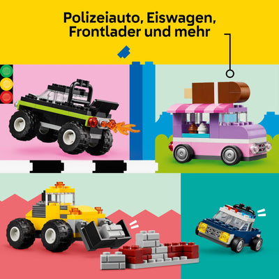 LEGO Classic Kreative Fahrzeuge, Bausteine-Set für Bunte Modellautos inkl. LKW, Polizeiauto und Baufahrzeuge, Baubare Spielzeug-Autos für Kinder, Geschenk für Jungs und Mädchen ab 5 Jahren 11036