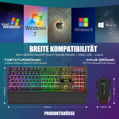 RedThunder K10 Gaming Tastatur und Maus Set, QWERTZ DE-Layout, Metallplatte und Handballenauflager,RGB-Hintergrundbeleuchtung und 7D mit Ergonomische für PC Gamer(Schwarz)