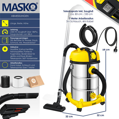 MASKO® Industriestaubsauger Staubsauger Nass Trocken Sauger Edelstahl 2300W + Steckdose | Blasfunktion | Trocken-Saugen & Nass-Saugen | Push&Clean | Industrie-Sauger mit & ohne Beutel | beutellos