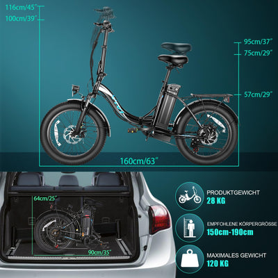 ANCHEER Klapprad E-Bike, 20"*3.0 Elektrofahrrad mit 36V 10.2Ah Lithium-Akku für Lange Reichweite bis 100KM, 250W Motor, 7 Gang für Herren Damen