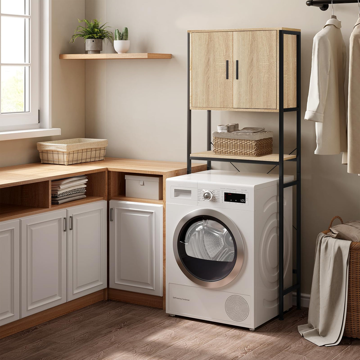 EUGAD Waschmaschinenschrank, Waschmaschinenregal Regal über Waschmaschine Toilette, Toilettenregal mit Schrank Verstellbarer Ablage, Badregal aus Holzwerkstoff Metall, 64,5x170x27 cm