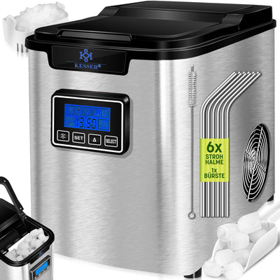 KESSER® Eiswürfelbereiter | Eiswürfelmaschine Edelstahl | 150W Ice Maker | 12 kg 24 h | 3 Würfelgrößen | Zubereitung in 7 min | 2,2 Liter Wassertank | Timer | LCD-Display | Silber