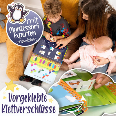 Montessori Spielzeug Buch für Kinder ab 16-24 Monaten, Quiet Book Lernspiel mit Klett-Sticker Funktion. Beschäftigung Busy Book für Mädchen und Jungen, das Spielzeug und Buch in einem vereint