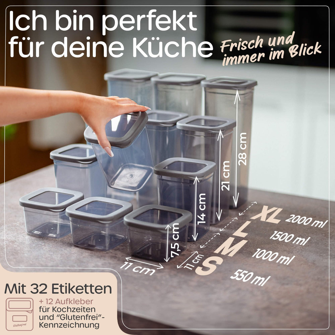 QOONA Luftdichte Vorratsdosen mit Deckel [12er-Set] Anthrazit - Stapelbar & platzsparend für die Küche, Vorratsgläser luftdicht, Mehl Aufbewahrung, Food Container, Vorratsbehälter, Aufbewahrungsbox