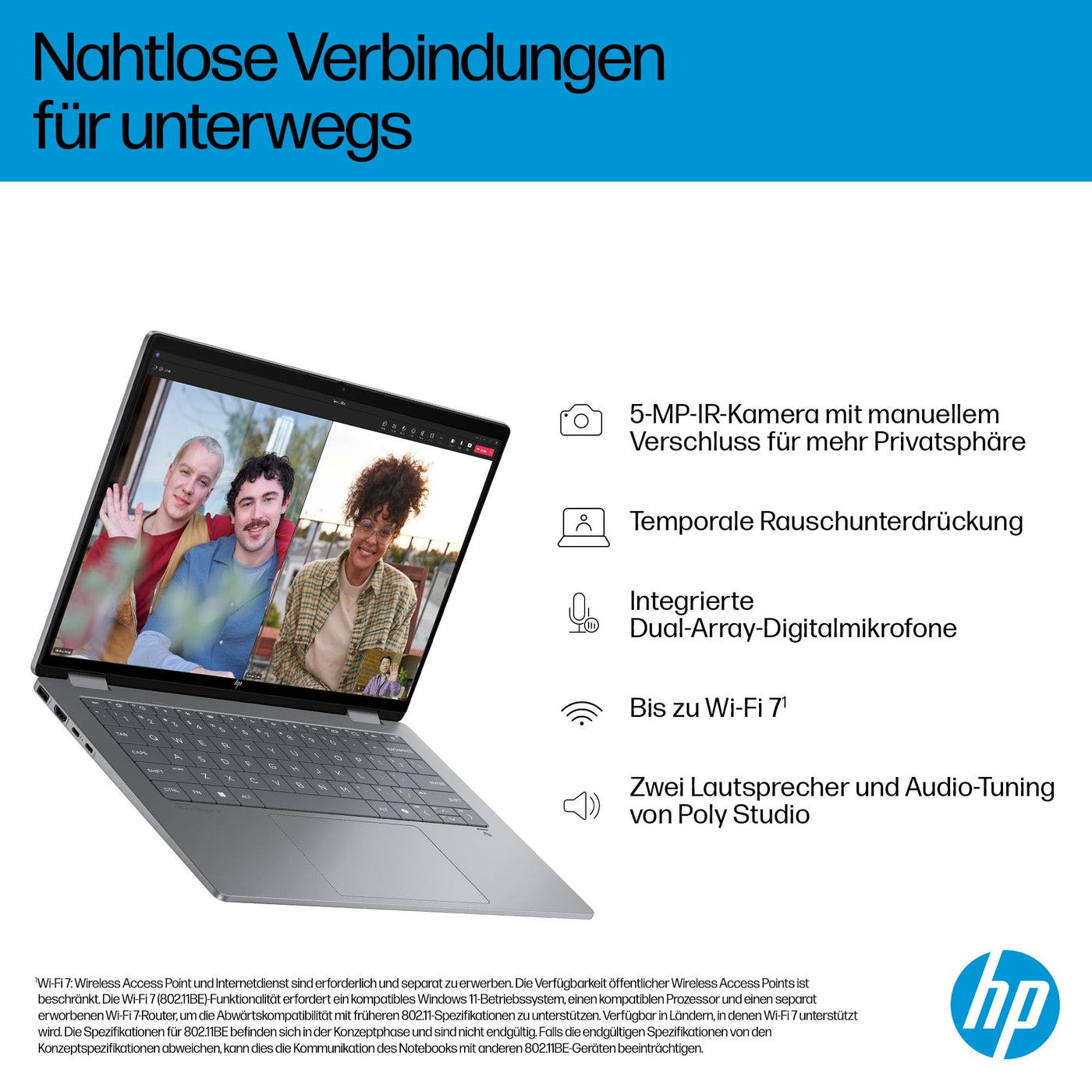 HP OmniBook X Flip 2in1 Next Gen AI Laptop | Intel Core Ultra 7 258V | dedizierte NPU für KI | 47 NPU Tops | Copilot+ PC | 14" 3K 2880x1800 OLED Touchscreen | 32 GB | 1TB SSD | Win11 | QWERTZ | Silber