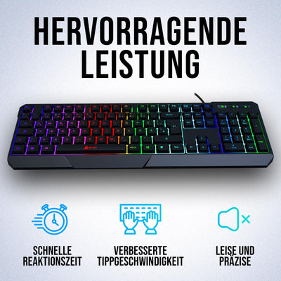 KLIM Chroma Gaming Tastatur QWERTZ DEUTSCH mit Kabel USB - NEU - Langlebig, Ergonomisch, Wasserdicht, Leise Tasten - RGB Gamer Tastatur für PC Mac Xbox One X PS4 Tastatur - Schwarz