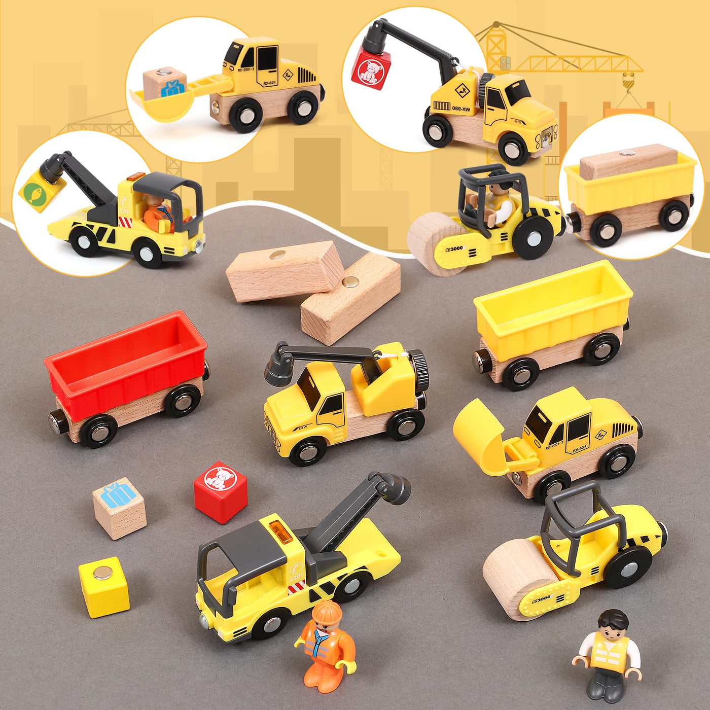 Baufahrzeuge Baustelle Kinder Geschenke Jungen 2 3 4 5 Jahre Holz Magnetisch Fahrzeug Spielzeug mit Portalkran, Bagger, Kranwagen, Straßenroller, Abschleppfahrzeug, Holzspielzeug Geschenkideen Jungen