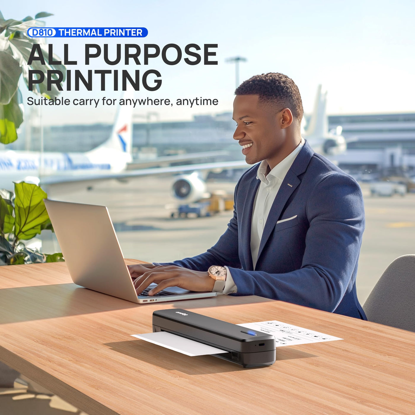 POLONO D810 Thermodrucker A4 Wireless für Reisen, Mobiler Drucker A4 Unterstützung für 8.5"x11" US Brief, Tragbarer drucker Kompatibel mit iOS, Android, Laptop für Büro, Auto, Schwarz