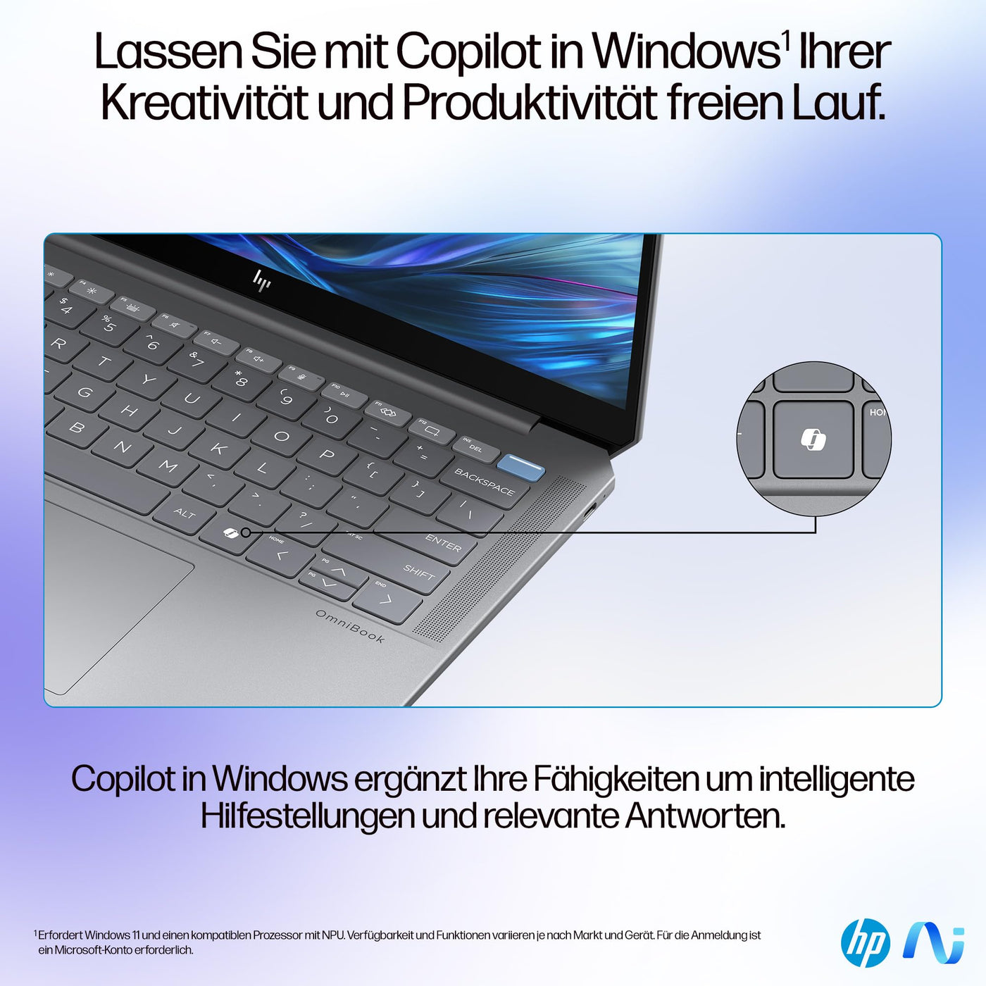 HP OmniBook Ultra Next Gen AI Laptop | AMD Ryzen AI 9 HX 375 mit dedizierte NPU für KI | 55 NPU TOPS | Copilot+ PC | 14" 2,8K IPS Touchscreen 400 Nits | 32 GB RAM | 1TB SSD | QWERTZ | Win11 | Silber