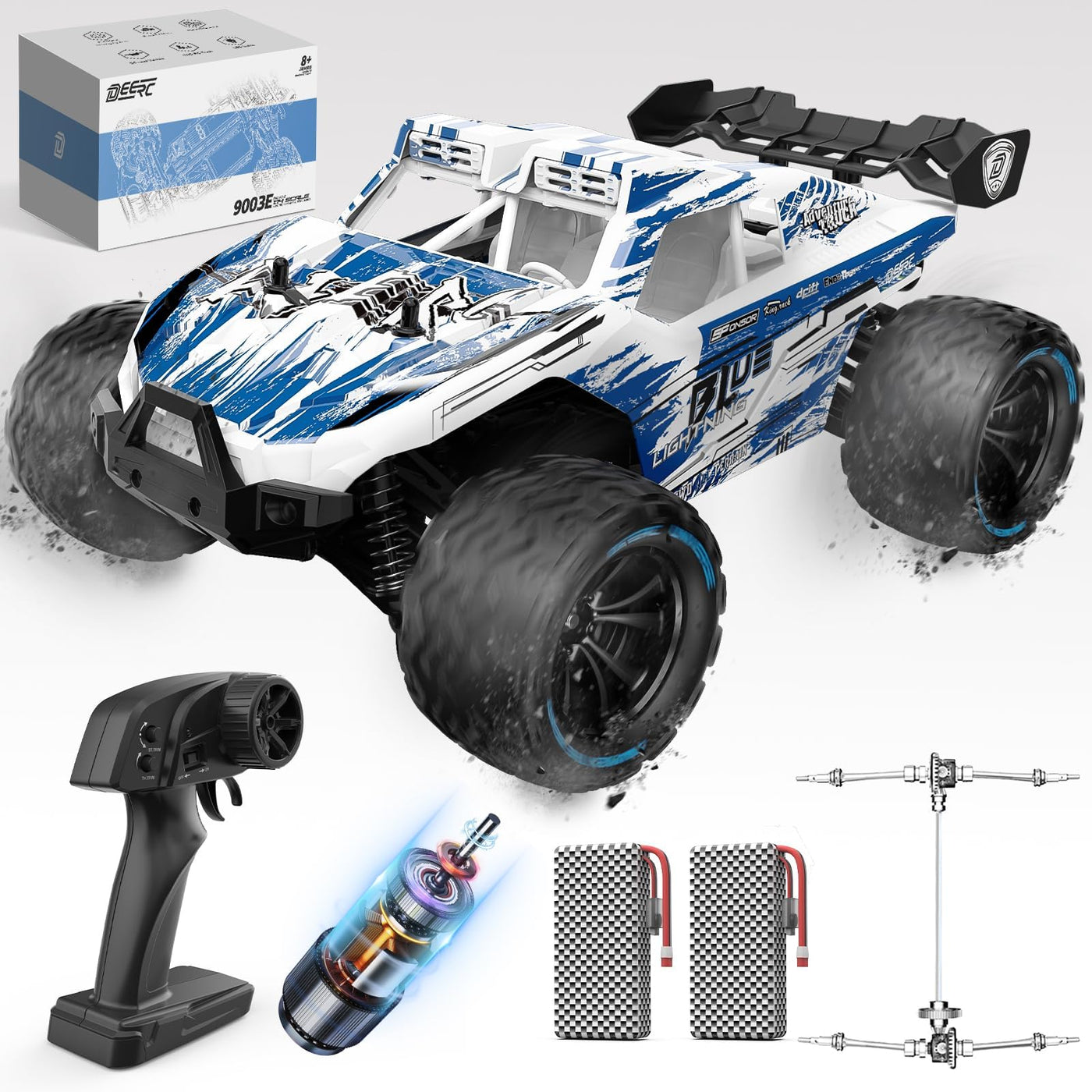 DEERC 9003E 1:14 RC-All-Terrain-Autos, 40 km/h Hochgeschwindigkeits-Offroad-RC-Truck, 4WD-Fernsteuerungsauto mit 2 Lithium-Ionen-Akkus, schnelles Monstertruck-Spielzeug für Kinder und Erwachsene