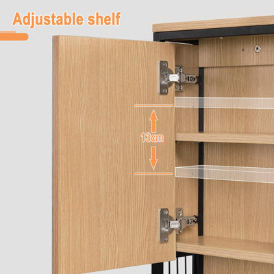 EUGAD Spiegelschrank Bad mit Beleuchtung, Badezimmerschrank mit Spiegel, Badschrank hängend, mit Verstellbarer Ablage Halter Korb, aus Metall MDF, schwarz + helle Eiche