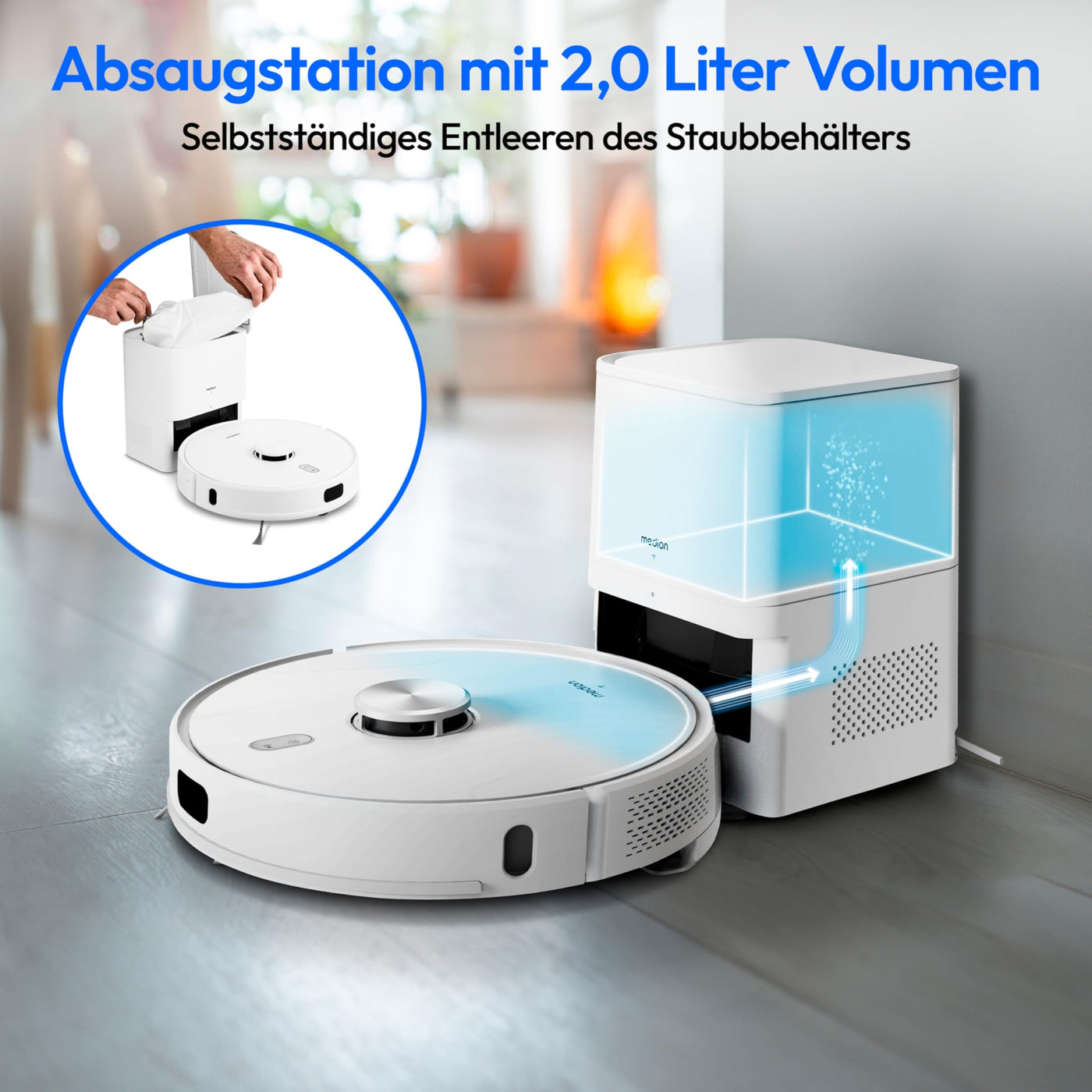 MEDION Saugroboter mit Absaugstation, Lasernavigation und Wischfunktion X41 SW+ (Starke 8000Pa Saugkraft, 2in1 Roboterstaubsauger, präzise Kartenerstellung, Go & No Go Bereiche, mehrere Etagen)