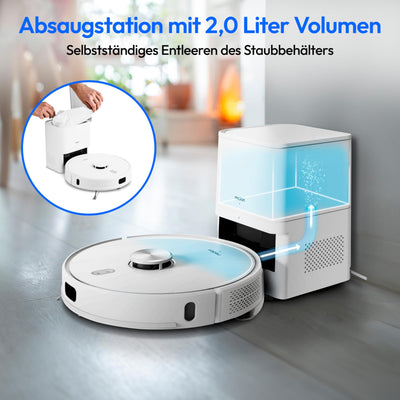 MEDION Saugroboter mit Absaugstation, Lasernavigation und Wischfunktion X41 SW+ (Starke 8000Pa Saugkraft, 2in1 Roboterstaubsauger, präzise Kartenerstellung, Go & No Go Bereiche, mehrere Etagen)