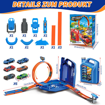 Charmofun Autorennbahn für Kinder, Rennstrecke Auto Spielzeug mit 6 Autos, Aufbewahrungsbox, Auto Rennbahn Mit Looping und U Track, Portable Spielzeug autorennbahn für Kinder ab 3 Jahre (Blau)