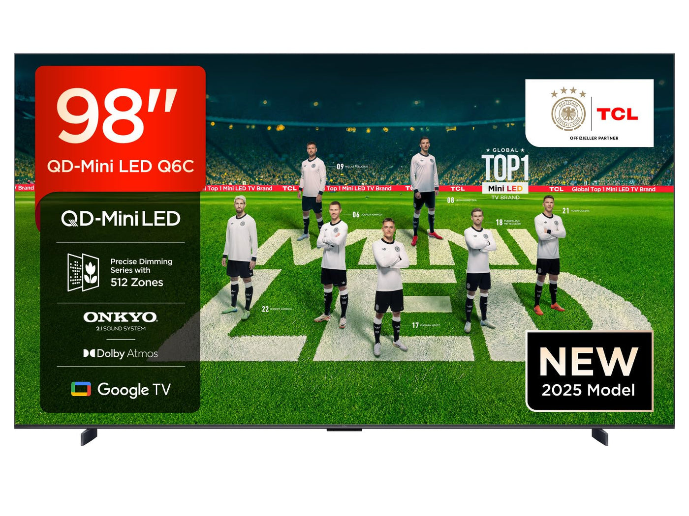 TCL 98 Zoll 98Q6C QLED Mini LED Fernseher, 4K HDR Premium, Dolby Vision IQ & Atmos, Onkyo 2.1, Smart Google TV, Game Master, 144Hz Motion Clarity Pro, AMD FreeSync Premium Pro, HDMI 2.1, AirPlay 2