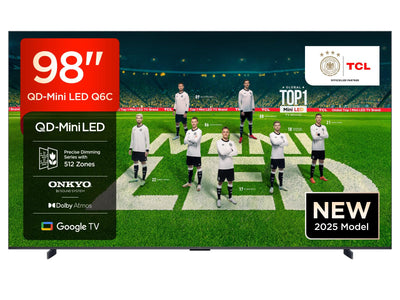TCL 98 Zoll 98Q6C QLED Mini LED Fernseher, 4K HDR Premium, Dolby Vision IQ & Atmos, Onkyo 2.1, Smart Google TV, Game Master, 144Hz Motion Clarity Pro, AMD FreeSync Premium Pro, HDMI 2.1, AirPlay 2