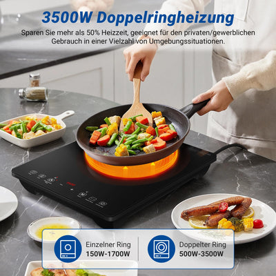 AMZCHEF Einzel Induktionskochplatte, 3500W Induktionskochfeld 1 Platte mit Doppelter Ring, 9 Leistungs- und Temperaturstufen, Sicherheitssperre, Pausenfunktion, Zeitschaltuhr, Überhitzungsschutz