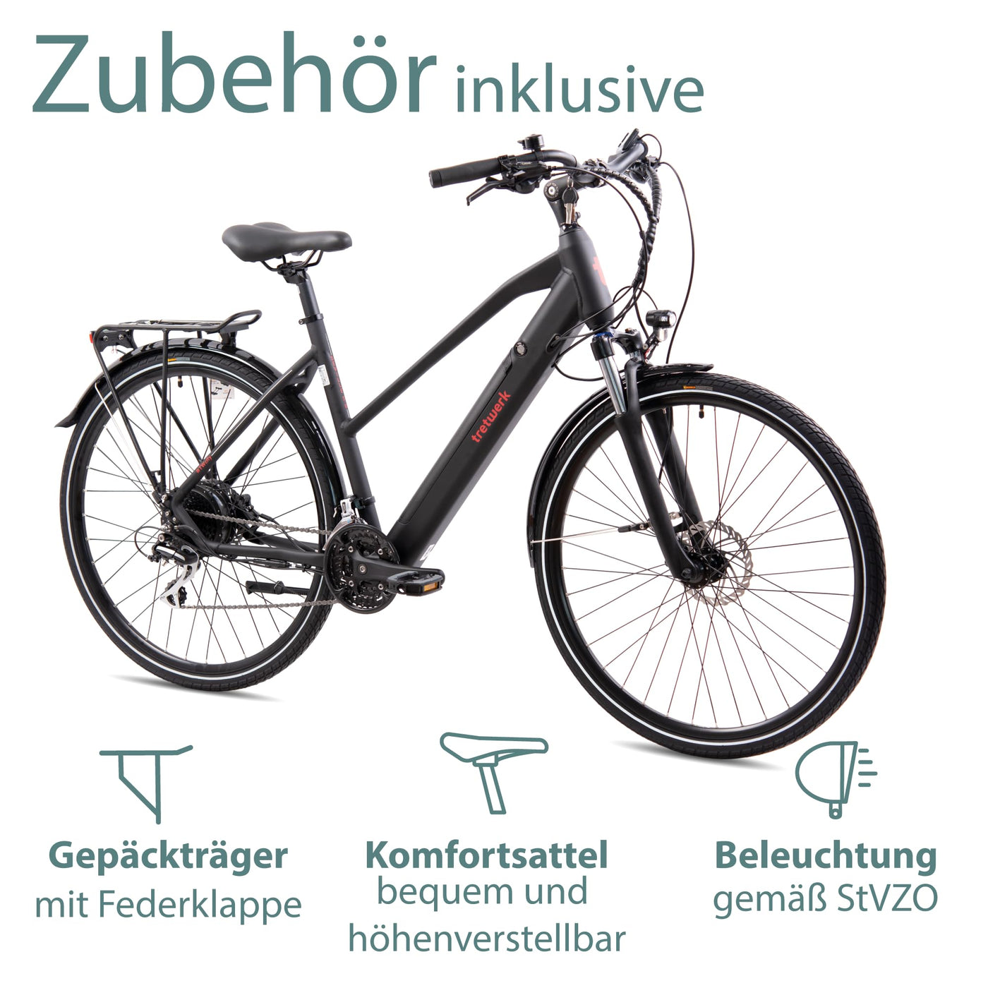 TRETWERK 28 Zoll E-Bike Seville 5.0 schwarz- Trekkingbike Damenfahrrad mit 24 Gang Kettenschaltung - Elektrofahrrad mit Heckmotor 250W, 36V