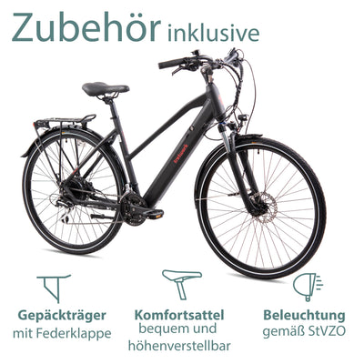 TRETWERK 28 Zoll E-Bike Seville 5.0 schwarz- Trekkingbike Damenfahrrad mit 24 Gang Kettenschaltung - Elektrofahrrad mit Heckmotor 250W, 36V