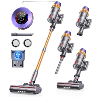 SunSare Akku Staubsauger 550W/45000Pa/60Min, Staubsauger Kabellos mit Smart Display und Ladestation, Leichter Antiverwicklung Akkusauger, Super Leise akkustaubsauger für Hartböden Teppiche Tierhaare