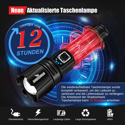 Shadowhawk Taschenlampe Led 500000 Lumen, Extrem Hell Taschenlampe USB Aufladbar Taktische Taschenlampen Mit holster XHP70.2, IP67 Wasserdicht 5 Lichtmodi für Camping Wandern Notfälle