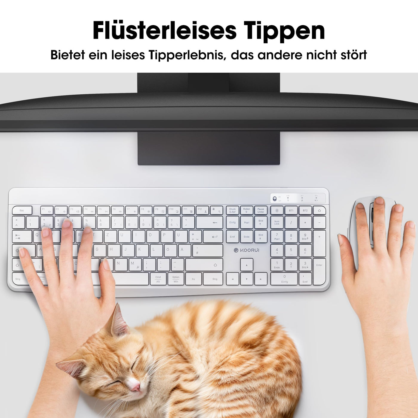 KOORUI Tastatur und Maus Kabellos, Wiederaufladbar Leise Maus Tastatur Set Deutsches Layout QWERTZ mit 12 Funktionstasten 2.4 GHz Tastatur Maus Set für Windows, MacOS, Linux -Weiß