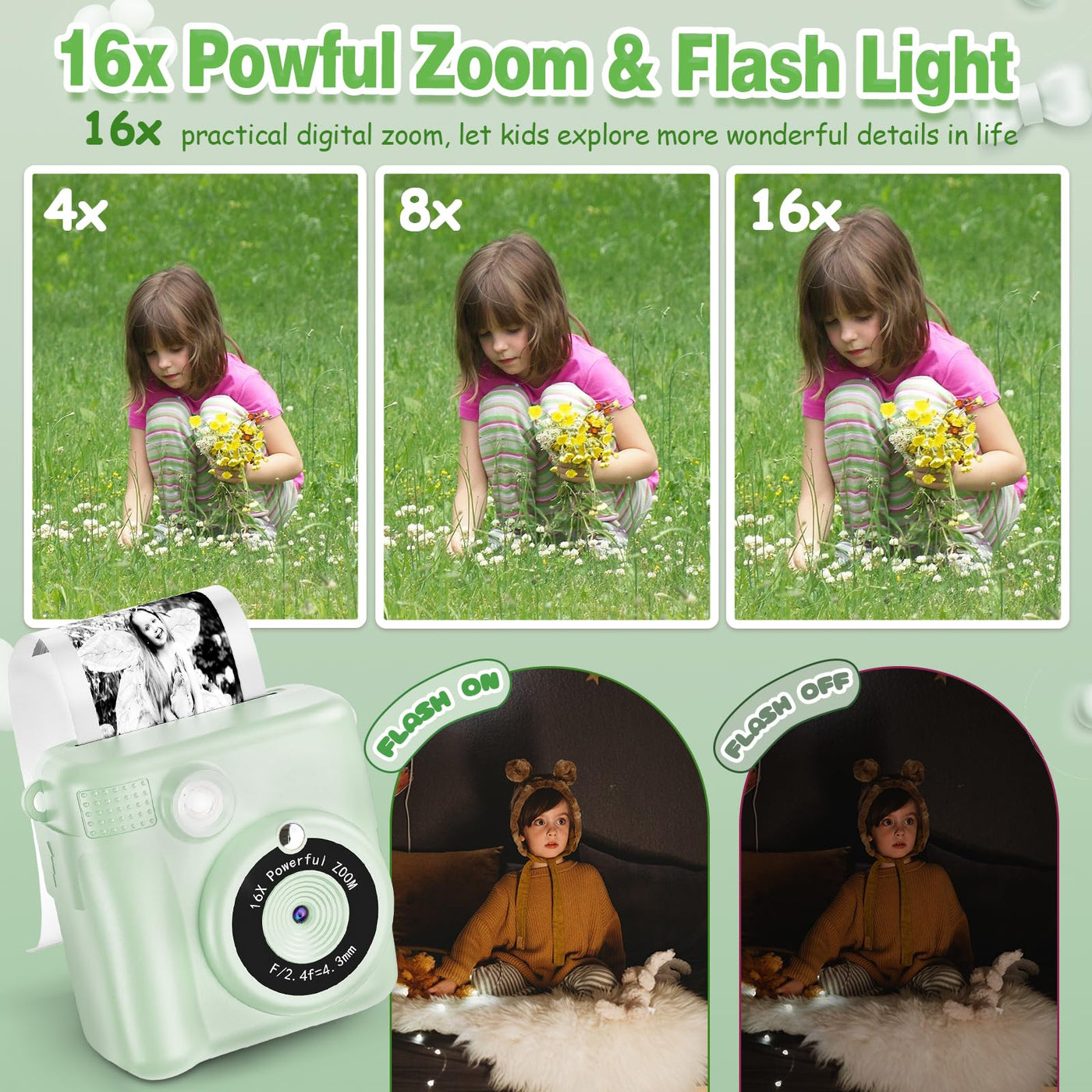 KinderKamera - Sofortbildkamera DigitalKamera Print 1080P - 16x Digitalzoom 2.4" Bildschirm - 32GB Karte - 3 Rollen Druckpapier - mit Aufbewahrungstasche Weihnachten Geschenk für Kinder 3-12 Jahren