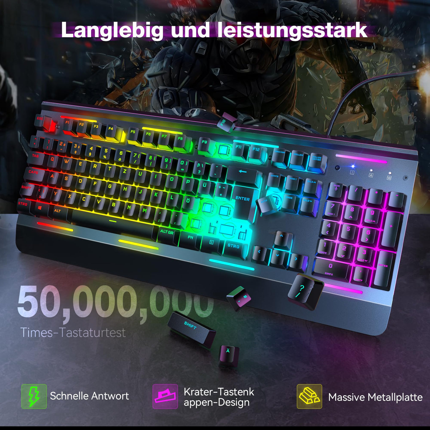 TECKNET RGB Gaming Tastatur für PC, Membran Tastatur mit 105 Tasten, Vollmetall-Pane, Handgelenkauflage,15-Zonen RGB Beleuchtung, 25 Anti-Ghosting-Tasten, Computer Keyboard, Deutsches Layout(QWERTZ)