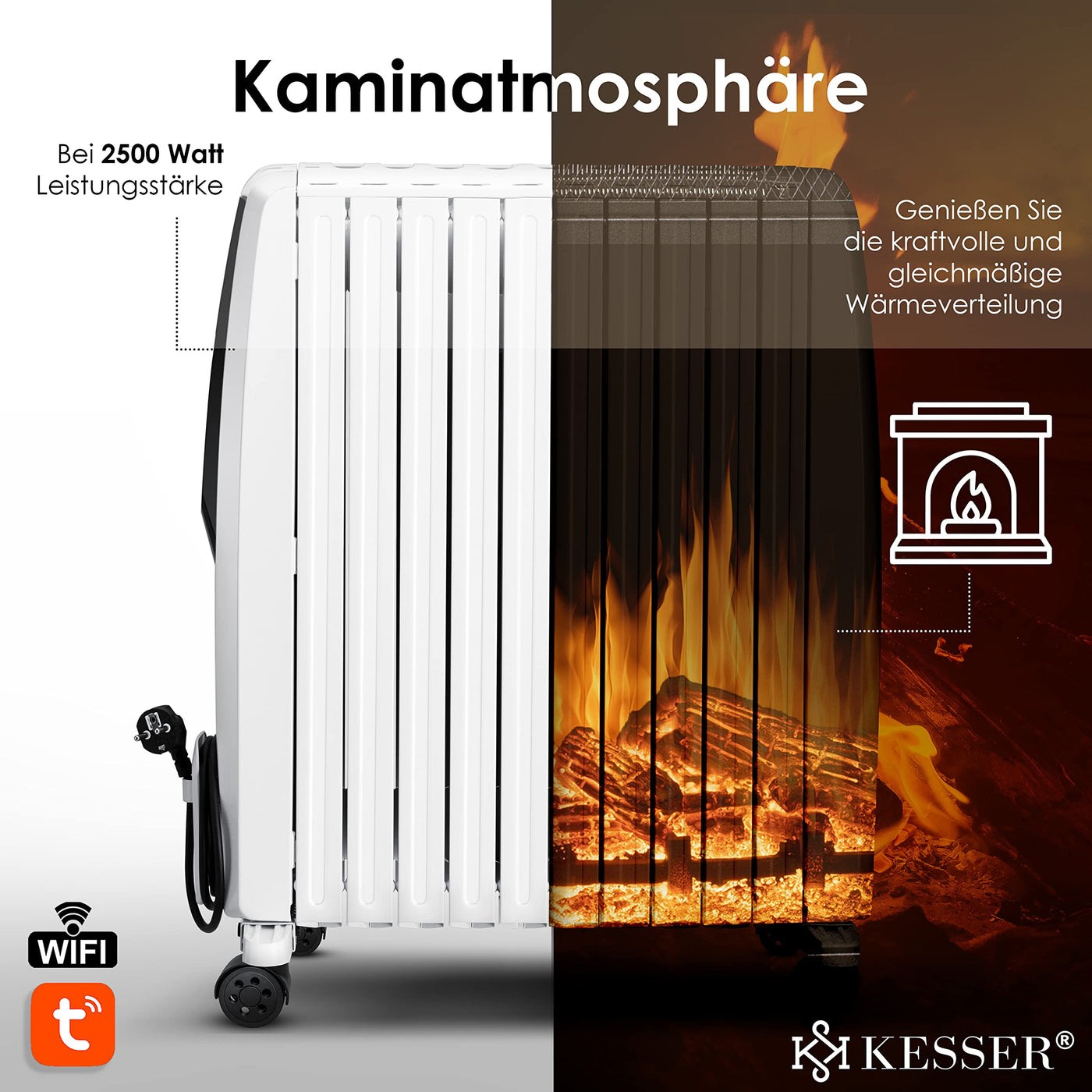 KESSER® 2500W Ölradiator mit WiFi App & Fernbedienung digitalem Display- elektrischer energiesparender Heizkörper mit 10 Rippen, Timer Zeitschaltuhr, 4 Heizstufen, Thermostat, Weiß