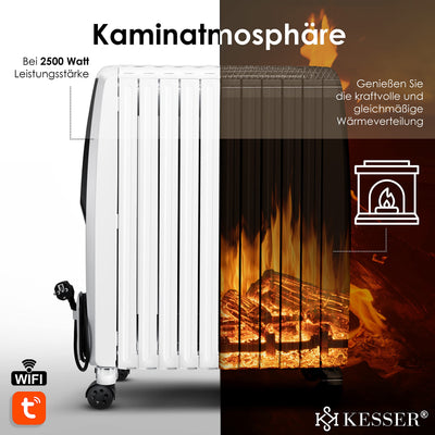 KESSER® 2500W Ölradiator mit WiFi App & Fernbedienung digitalem Display- elektrischer energiesparender Heizkörper mit 10 Rippen, Timer Zeitschaltuhr, 4 Heizstufen, Thermostat, Weiß