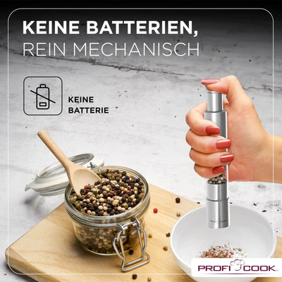 ProfiCook® Salz und Pfefferstreuer | Pfeffermühle | Salz und Pfeffermühle | 2er Set | Salzstreuer Edelstahl | robustes Mahlwerk | Einhandbedienung | 100% mechanisch | Gewürzmühle PC PSM 1160