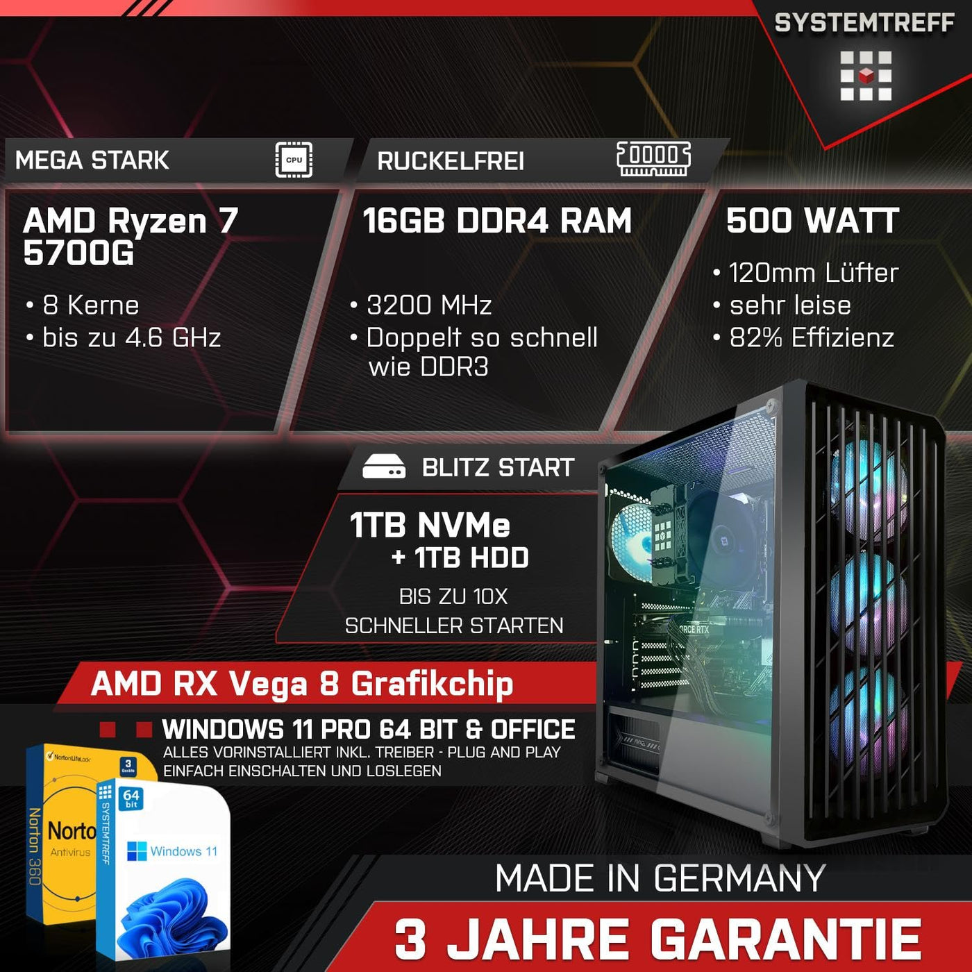 SYSTEMTREFF Basic Gaming PC AMD Ryzen 7 5700G 8x4.6GHz | AMD Radeon RX Vega 8 4K HDMI DX12 | 1TB M.2 NVMe + 1TB HDD | 32GB DDR4 RAM | WLAN Desktop Computer Rechner für Gamer, Zocker, Windows 11 Pro