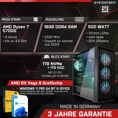 SYSTEMTREFF Basic Gaming PC AMD Ryzen 7 5700G 8x4.6GHz | AMD Radeon RX Vega 8 4K HDMI DX12 | 1TB M.2 NVMe + 1TB HDD | 16GB DDR4 RAM | WLAN Desktop Computer Rechner für Gamer, Zocker, Windows 11 Pro